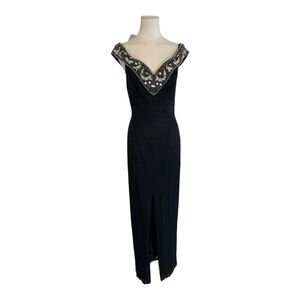 BALUCHI Black 100% Silk Hand Beaded Cocktail Dress Slit Size 10 8 Party‎ Formal